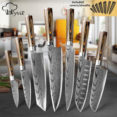 Japanese kitchen knives Set 7CR17 440C Damascus Steel Chef knife Santoku Slicing