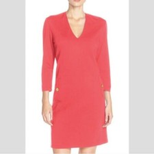 Eliza J Coral V Neck Ponte A Line Dress Gold Tone Button Pockets Sz 12 NWT $138