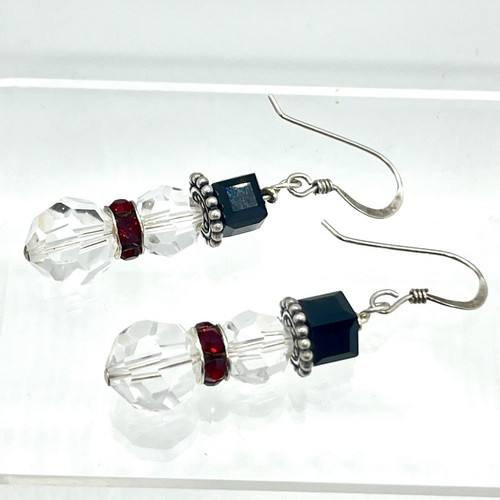 Swarovski Beaded Snowman Earrings Sterling Wire Hooks Red Crystal Scarf 1.75” - Picture 5 of 12