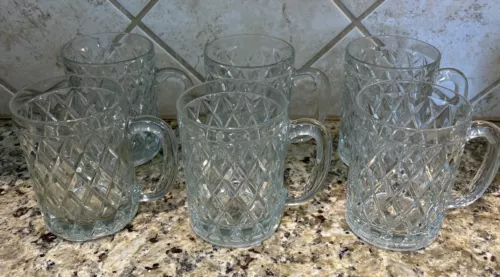 Set of 6 Vintage Paul Sebastian Crystal Diamond Cut Glass Mugs ~ 12 oz ~ EUC