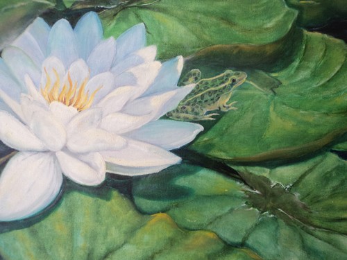 ORIGINAL OIL ON CANVAS PAINTING N. NADZO FROG ON WHITE LOTUS POND FRAMED 26X32" - Picture 3 of 8