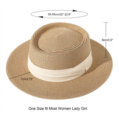 Fashion Straw Boater Hat Wide Brim Summer Beach Sunhat Flat Top Caps Women Men - Picture 4 of 18