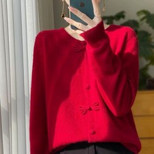 Women 100% Merino Wool O-Neck Cardigan Chinese Buckle Knit Winter Jumper