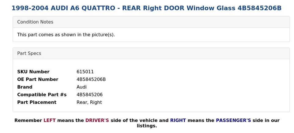 1998-2004 AUDI A6 QUATTRO - задняя правая дверь стекло окна 4B5845206B - Изображение 3 из 4