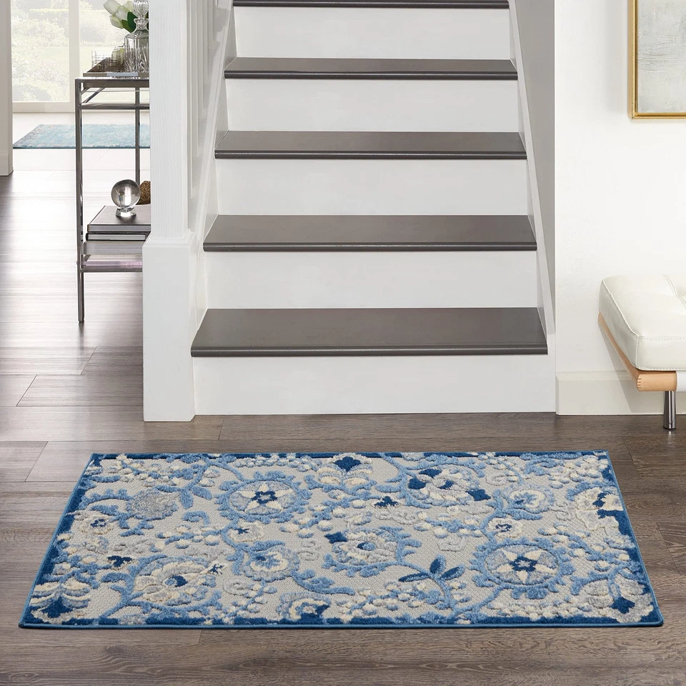 Blue Grey Rectangular Outdoor Rug 2X4 Durable Stain Resistant Flat Woven Design - Image 3 of 4