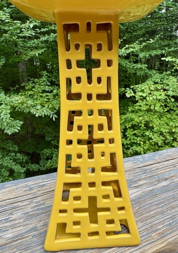 Yellow Ceramic Candle Stand Three Hands Corporation Greek Key Cross Pattern 10” - Picture 5 of 9
