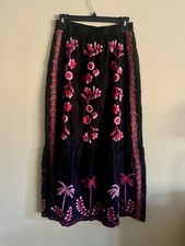 Johnny Was Tiered Linen Embroidered Floral Sk...