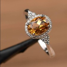 Oval Citrine Cz Diamonds Side Gem Cluster Wedding Ring 14k White Gold Plated
