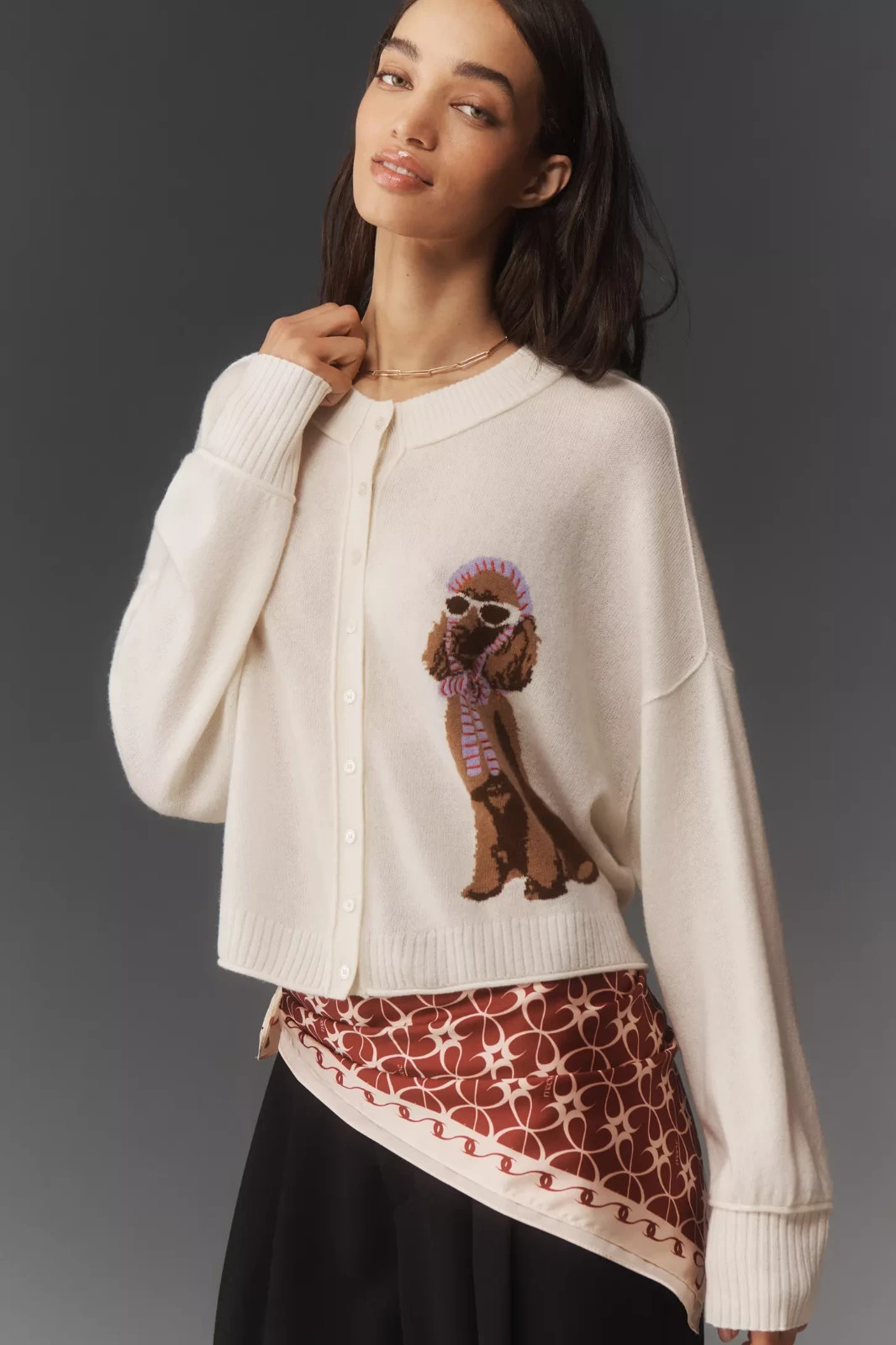 Anthropologie Goldendoodle Goldie Dog Icon Cream Cardigan Sweater M Cashmere NWT