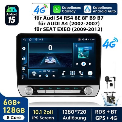 8-Kern 6+128GB Android 15 Carplay Autoradio GPS KAM Mik Für Audi A4 S4 RS4 B6 B7