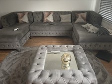 U Shape Chesterfield Sofa Grey Plush Velvet