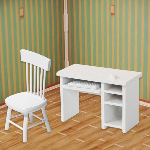 1:12 Miniature Computer Desk and Chair Set Toy Painted Study Table and Chairs - Picture 2 of 7