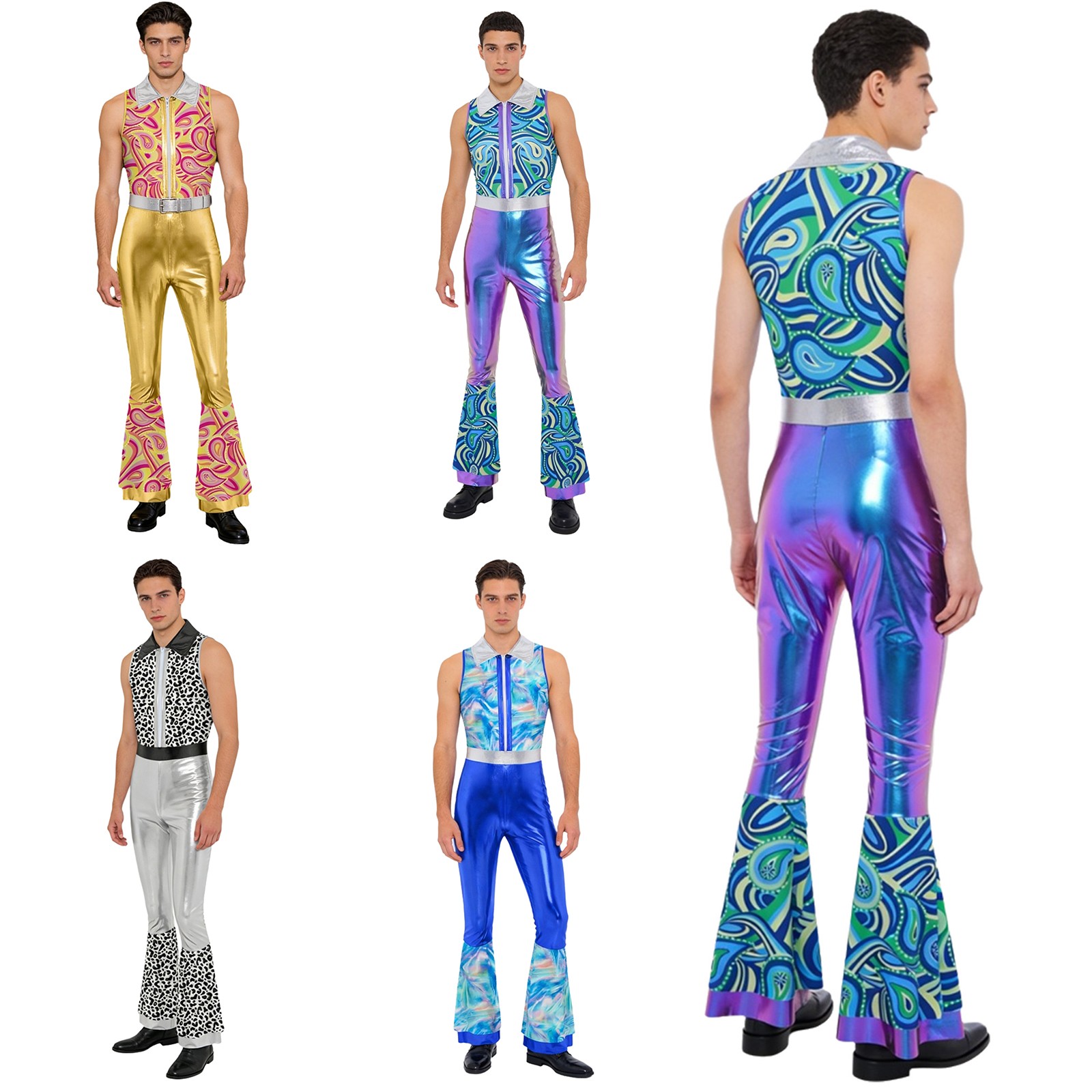 Disfraz de discoteca para hombre años 70 80 retro mono metálico mono de una pieza traje completo fiesta