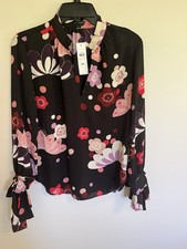 NWT Ann Taylor Women's Black Floral Print Long Ruffle Sleeve Blouse Size XS