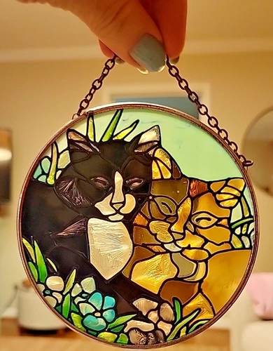 Vintage Joan Baker Designs Hand-Painted Tiffany Cats Stained Glass Suncatcher