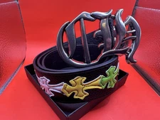 Chrome Hearts CH Buckle, Multi Color Cross Patch White Leather Belt