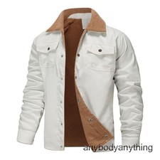 Men Fleece Lined Cargo Jacket Warm Coat Trucker Sherpa Fur Collar Lapel Outwear