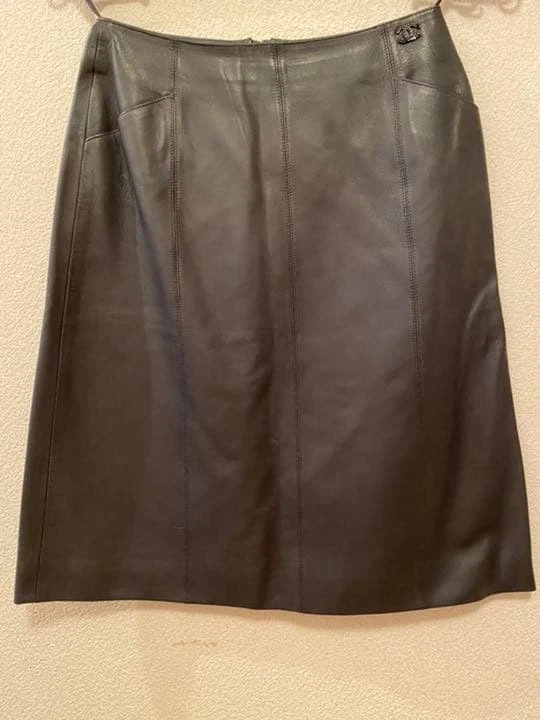 Chanel — CHANEL Authentic Women's Lambskin Leather Straight Skirt Coco Mark Logo Vintage