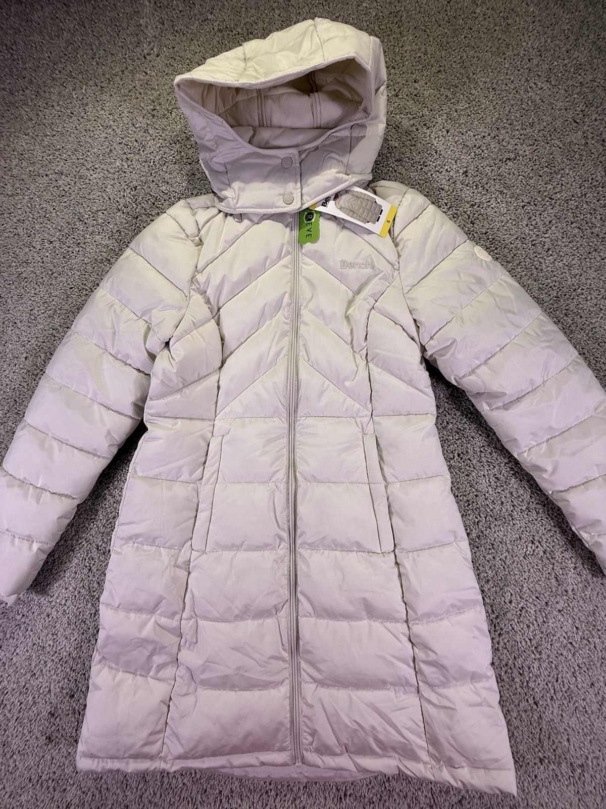 NWT Bench Women's Hooded Long Puffer Coat Jacket, Cream, Size S