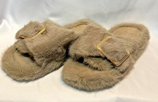 Fuzzy Slippers Womens 9-10 Faux Fur Slide Brown Gold Buckle Open Toe NIB