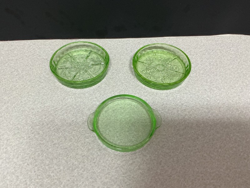3 Uranium Green Coasters, Poinsettia, Cherry Blossom & Princess, Excellent