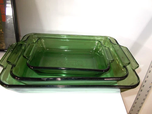 Rare Anchor Hocking Green Glass Baking Casserole Dish Set 3 pieces!