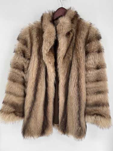 Vintage Canadian Made Brown Luxury Genuine Racoon Fur Jacket Swing Coat Sz M/L - Picture 15 of 19