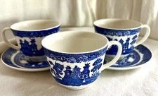 JOHNSON BROTHERS Willow Blue   3 Cups  2 Saucers Vintage Transfer-ware EUC