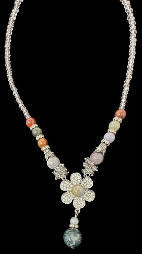 Jadite Beaded CRYSTAL Flower Pendant NECKLACE Rhinestones Shimmer Glittery - Picture 2 of 3