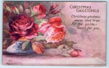 TUCK Oilette ~ Roses in Bowls - Christmas Greetings - Hammond Postcard