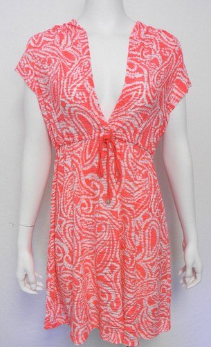 Dotti Large Pink/Coral & White Print Hooded Plunge Neck Swimsuit Cover-Up NWT L - Picture 5 of 10