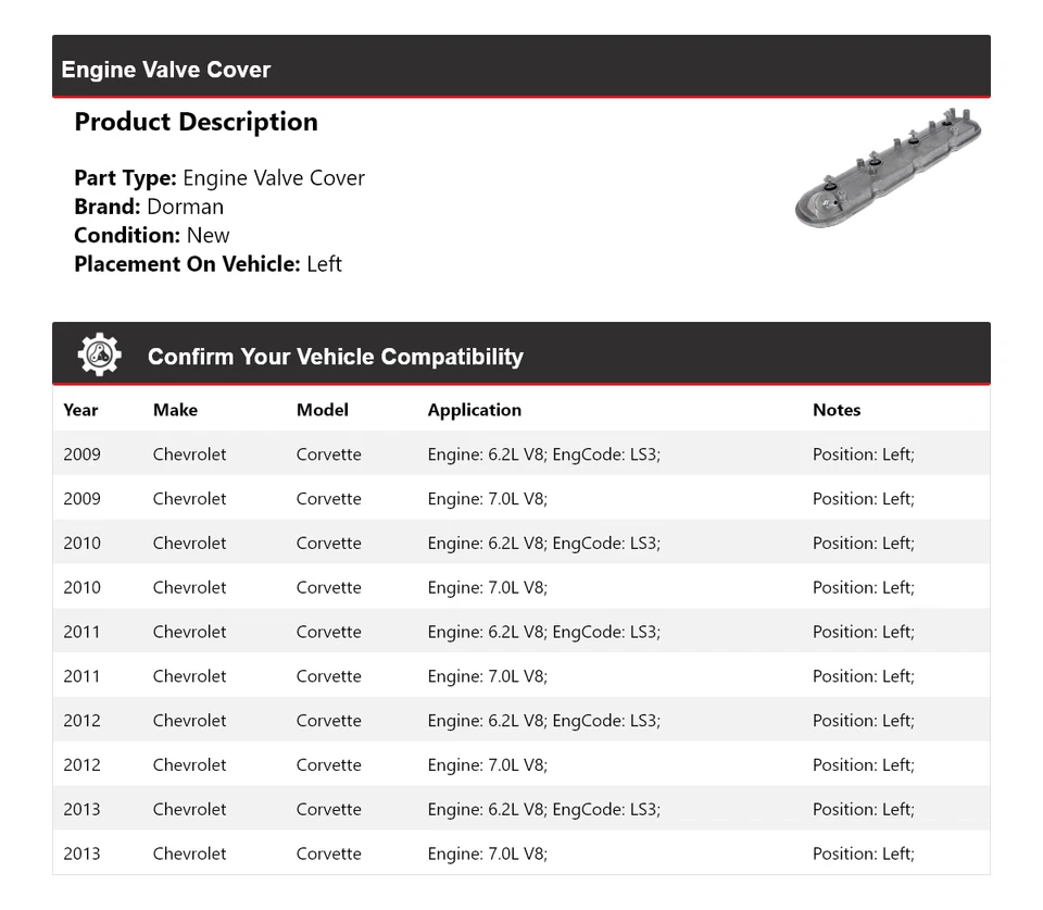 Cubierta de válvula de motor izquierda para Chevrolet Corvette Dorman 2009-2013 2010 2011 2012 Foto 2 de 4