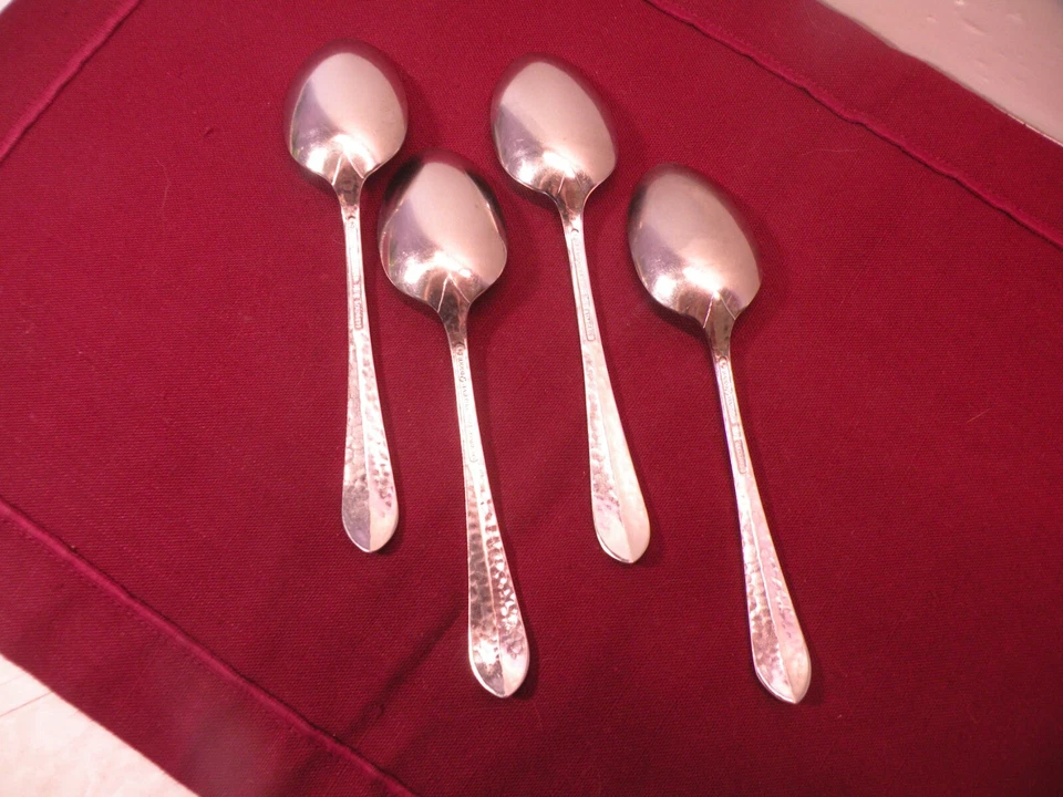 Set Of 4 Teaspoons REED & BARTON Hammered Antique Glossy 18/8 Stainless 6 1/8" - Image 4 of 4