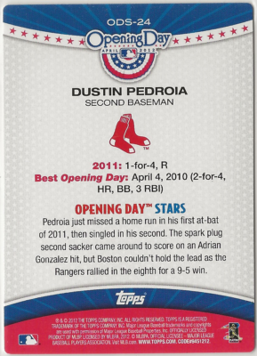 2012 Topps Dustin Pedroia Opening Day Stars Boston Red Sox Card