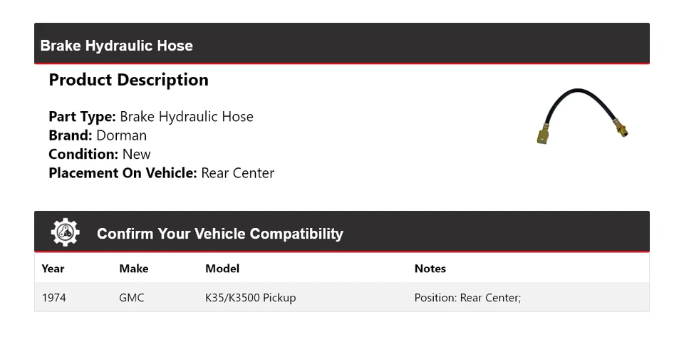 Manguera hidráulica de freno trasero central para camioneta GMC K35/K3500 1974 Dorman Foto 2 de 4
