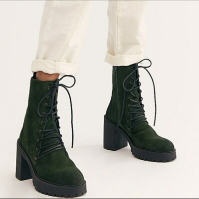 FREE PEOPLE DYLAN LACE UP GREEN BOOT WITH BLACK HEEL NEW HARD TO FIND SIZE  37