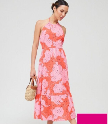 V by very Printed Embroidered Midi Dress Eyelet Halter Sleeveless X Small XS NEW