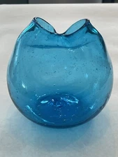 BLENKO Mid Century Pinched Ivy Vase Turquoise Teal Light Blue 5 Inches Handmade