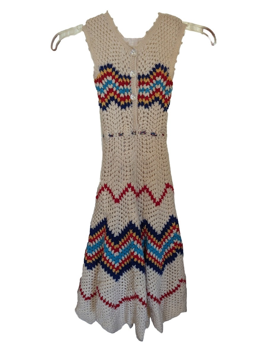 Girls Size 5/6 Handmade Crochet Dress Lined Beige Multicolor Mexican