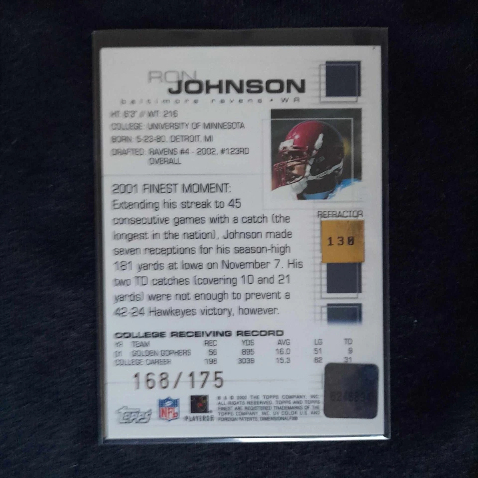 2002 Topps Finest Refractor Auto Ron Johnson RC Rookie /175 #130 Ravens - Image 2 of 2