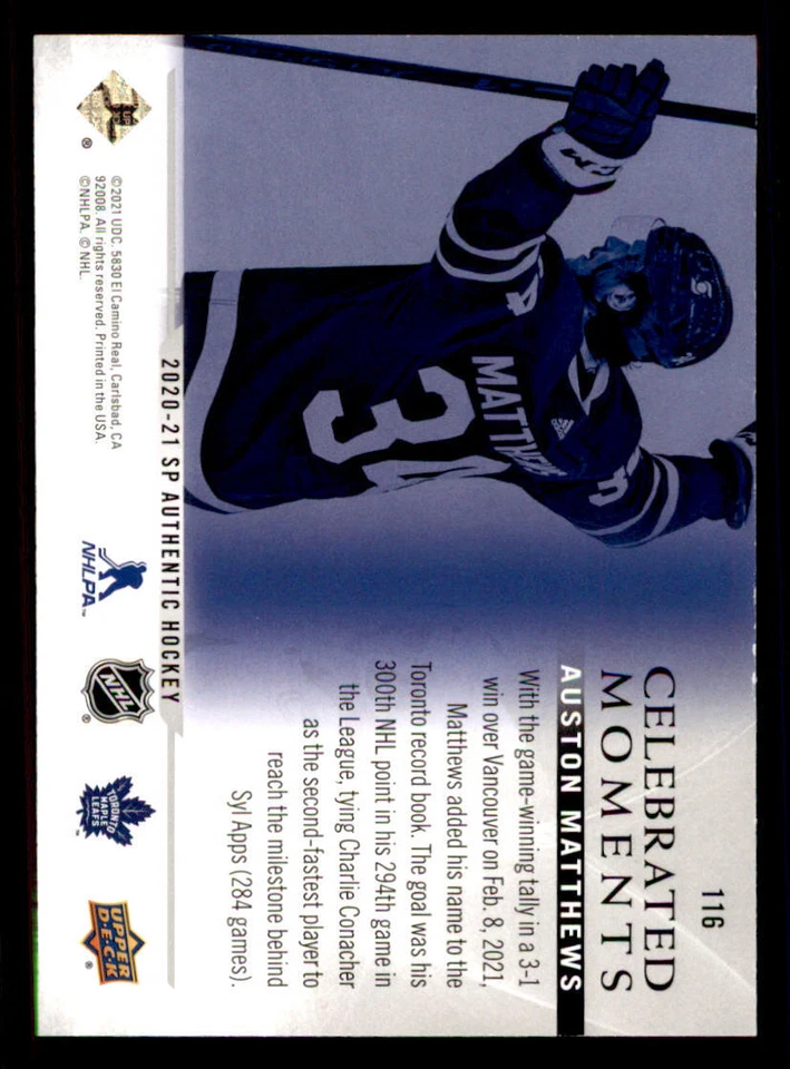 2020-21 SP Authentic #116 Auston Matthews CM - Image 2 of 2