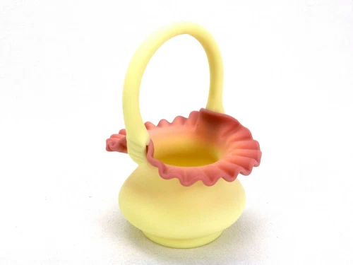 Vintage Fenton Basket Vase, #7437BR, Burmese Rose, Early 1970s, Ruffled Rim