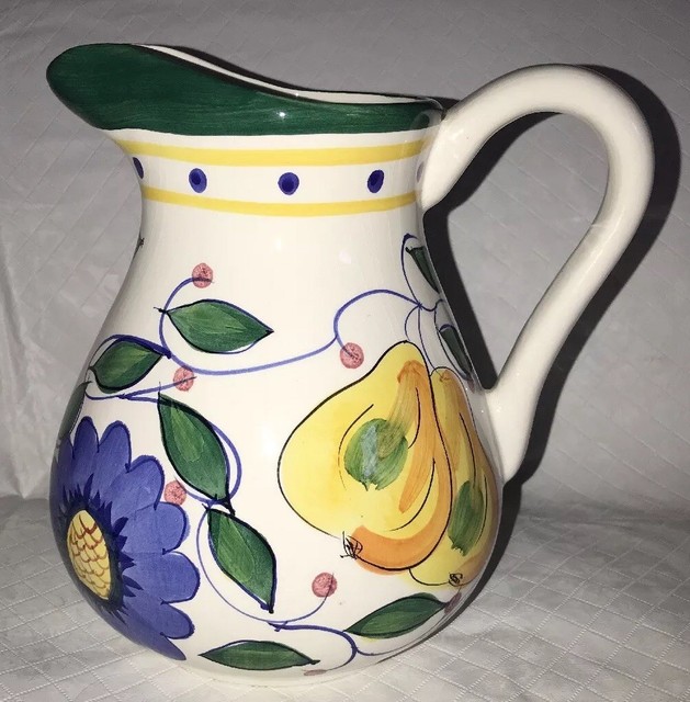 BELLA CASA BY GANZ CERAMIC GLAZED 7 ½” TALL PITCHER FRUIT DESIGN VASE