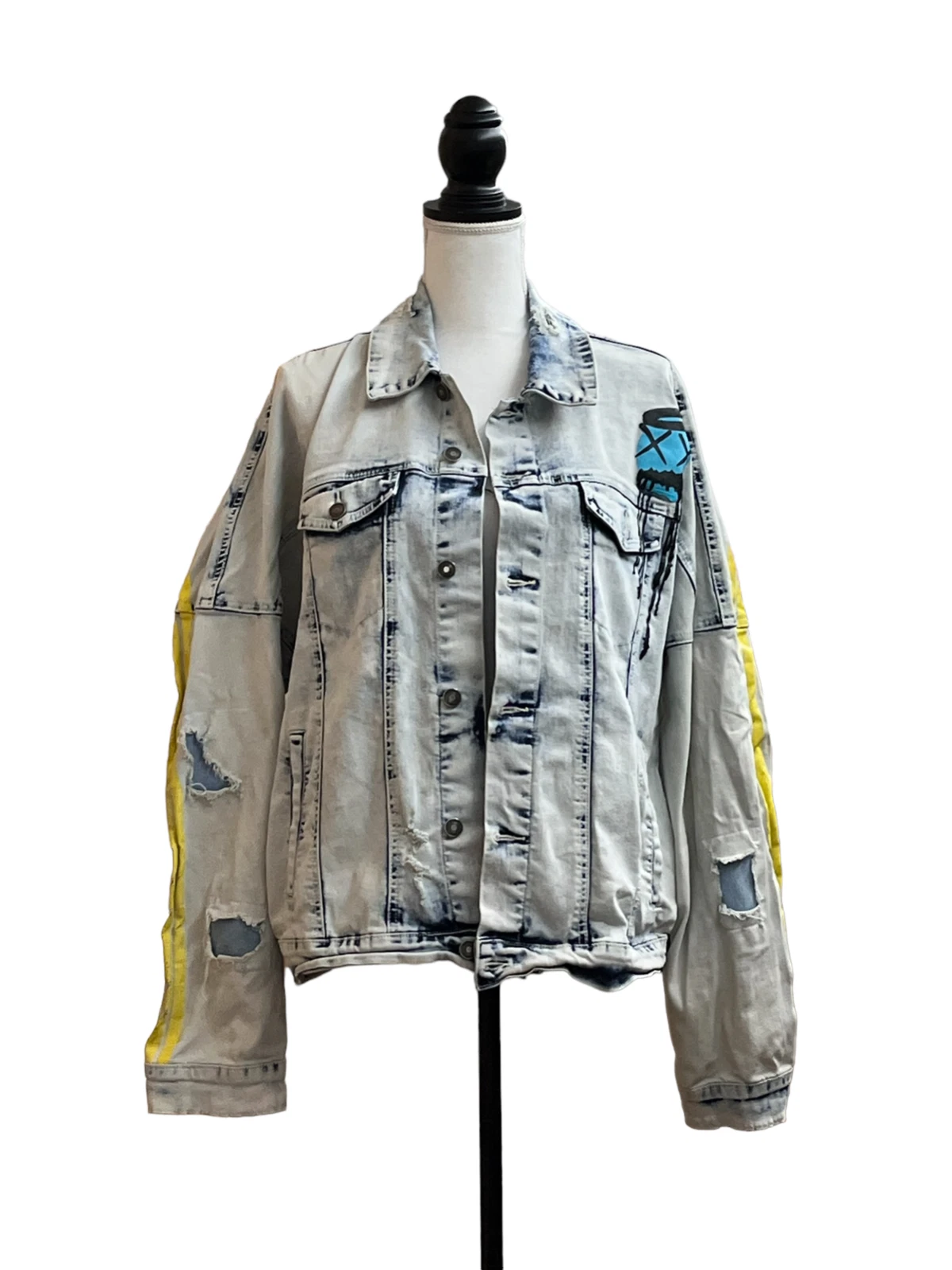 Rue 21 Denim Distressed Jean Jacket Graffiti Print L