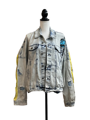 Rue 21 Denim Distressed Jean Jacket Graffiti Print  L