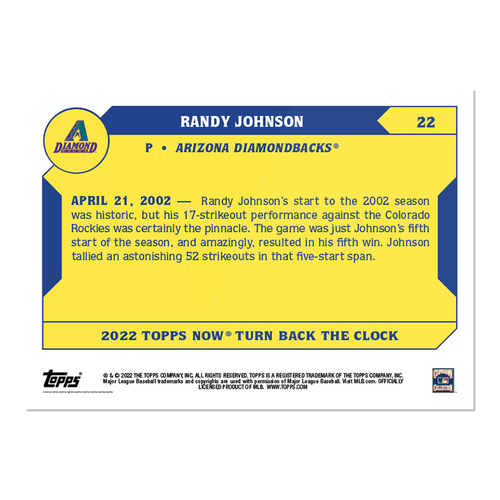 2022 Topps Now #22 Turn Back the Clock Randy Johnson - Free Shipping Always! - Picture 2 of 2
