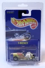 1991 HOT WHEELS BLUE CARD T- BUCKET 68 YELLOW w RED FLAMES w NOZLEN STORAGE CASE