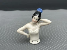 Antique Pin Cushion Doll Art Deco Half Doll - Blue Fan Hair Piece - Pink Tint