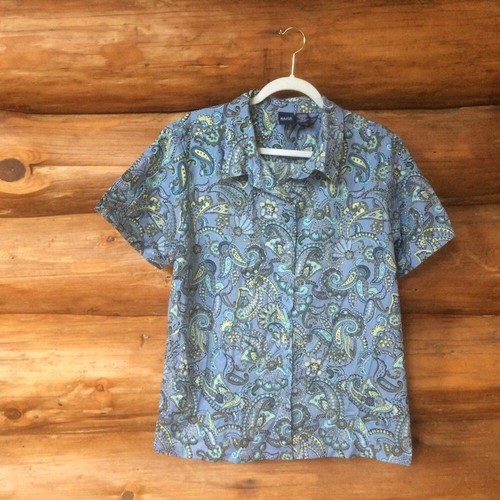 Basic Editions Purple/Blue Paisley Resort Artsy Boho Button Up Casual Top SZ XL