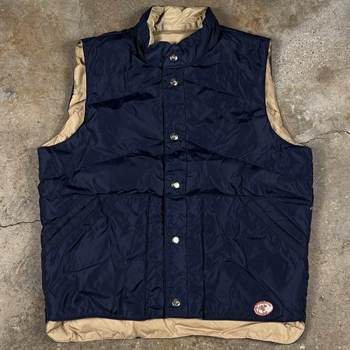Vintage Camel Goose Down Vest Button Up Reversible Blue Tan 80s 90s Size Medium - Picture 1 of 8